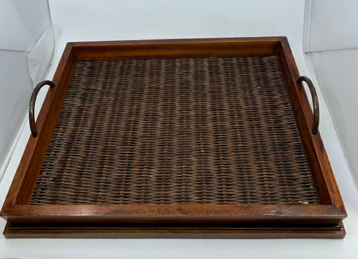 LARGE "RIVER WOOD" TRAY W/ WOOD FRAME DARK WICKER BASE + HANDLES.