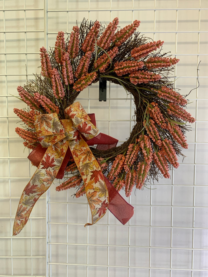 RED AUTUMN LEAVES, BERRIES, TWIGS WREATH.
