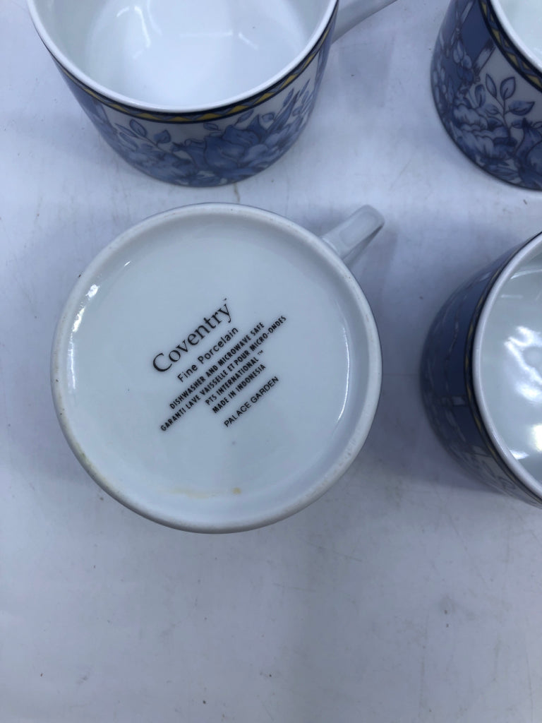 4 BLUE FLORAL COFFEE CUPS.