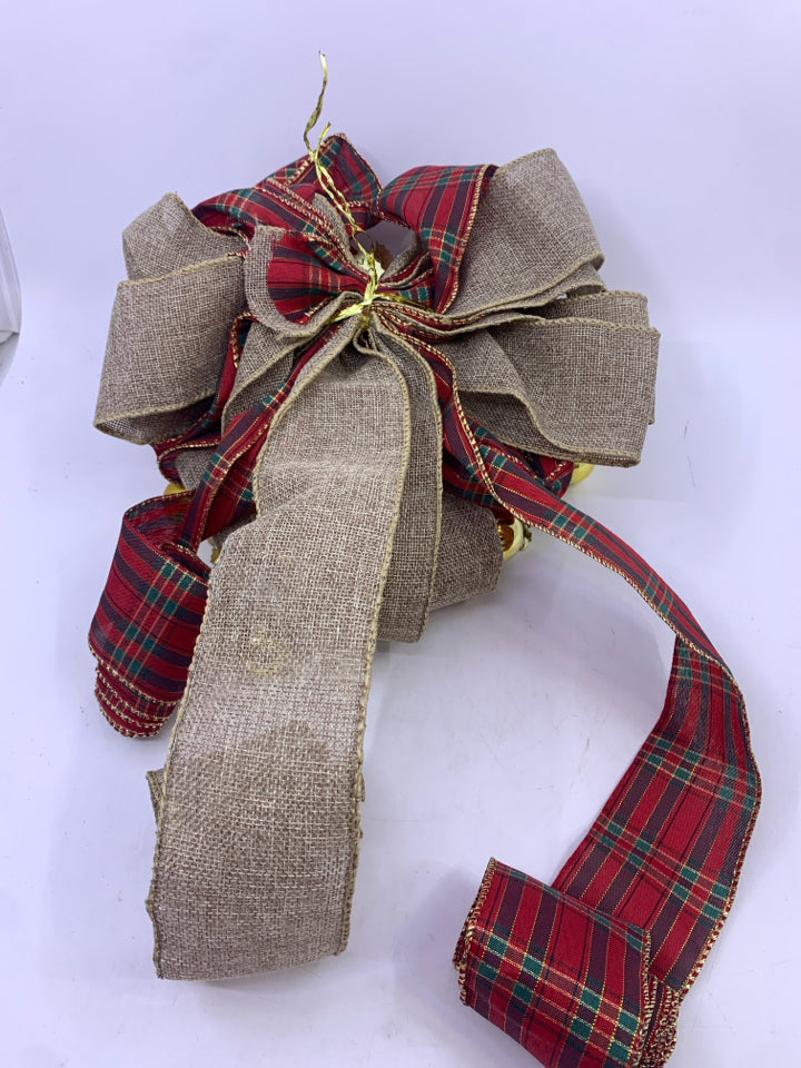 BURLAP RED PLAID POINSETTIA BOW TREE TOPPER.