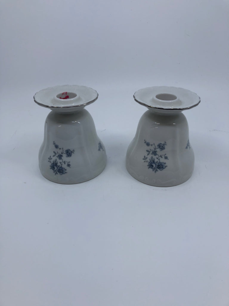 2 VTG WHITE TAPER CANDLE HOLDERS W LIGHT BLUE FLORAL.