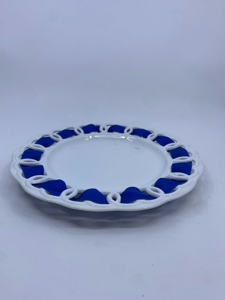 LARGE WHITE LACE EDGE PLATE W BLUE RIBBON.