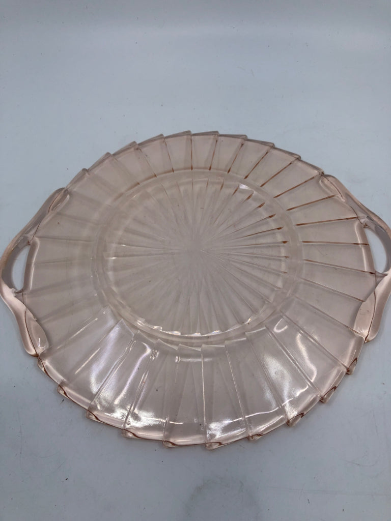 VTG PINK DEPRESSION GLASS SERVER W HANDLES.