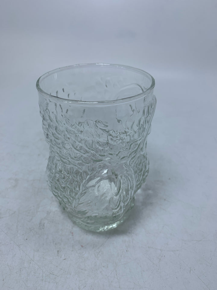 CLEAR GLASS OWL EMBOSSED SHAPED CUP.