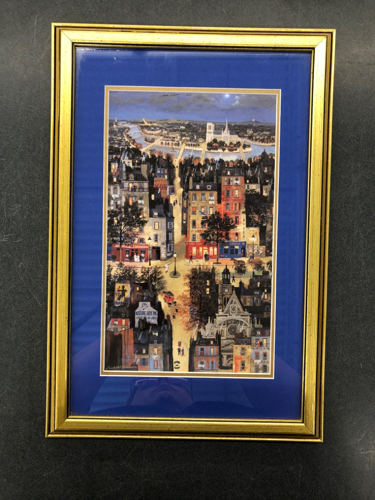 STREET OF PARIS W/BLUE&GOLD FRAME WALL HANGING.
