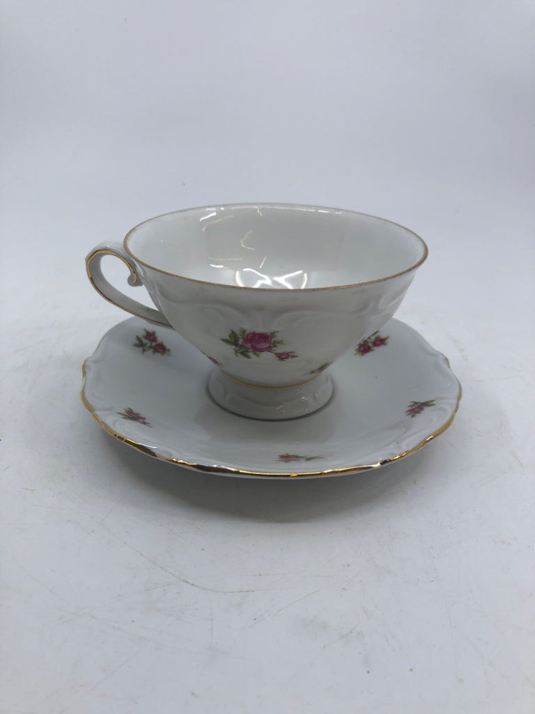 8 PC CUP/SAUCER SET WHITE W/ PINK ROSES GOLD RIM BAVARIA.
