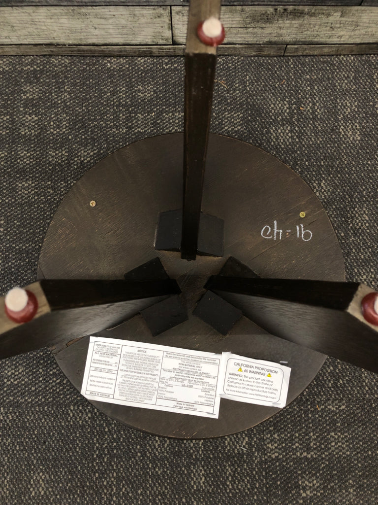 3 LEGGED DARK WOOD STOOL W/ GREY CUSHION.