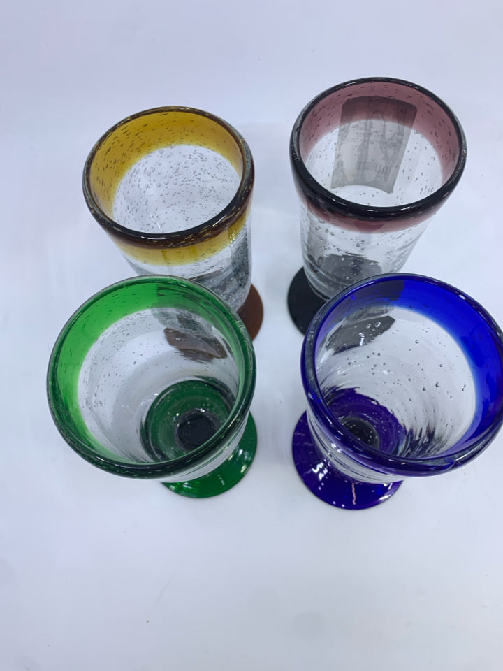 4PC BLOWN GLASS CUPS W/DIFF COLOR RIM & BASE.