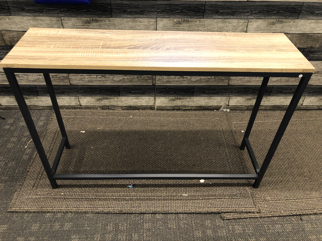 METAL BASE, WOOD TOP SOFA TABLE.