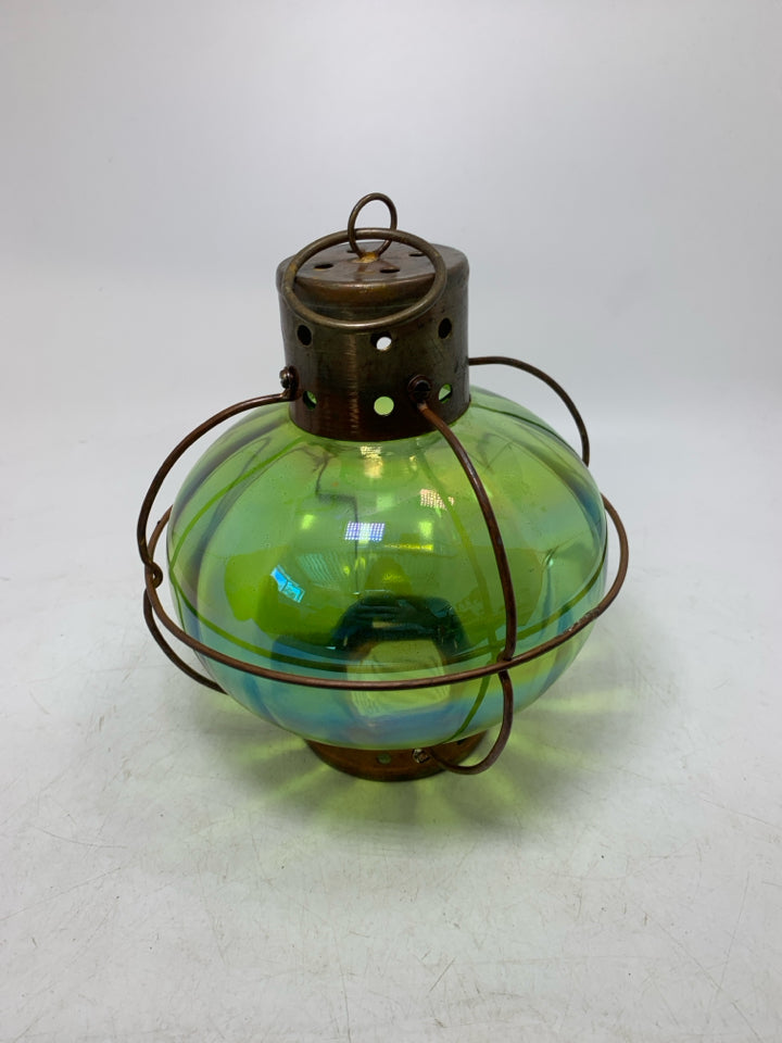 GREEN GLASS TEA LIGHT LANTERN W/ METAL DOME.