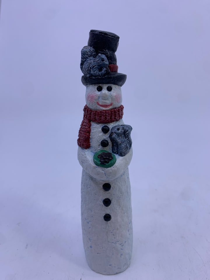 RESIN SNOWMAN W SQUIRREL ON HAT.