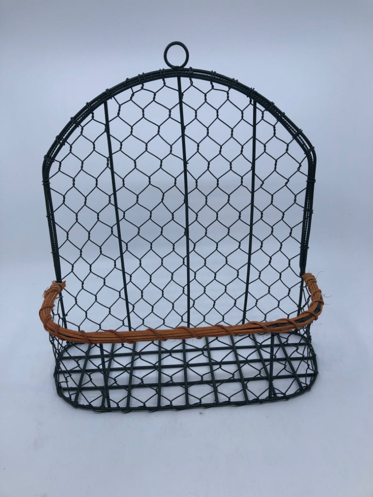 GREEN METAL /WICKER HANGING BASKET.