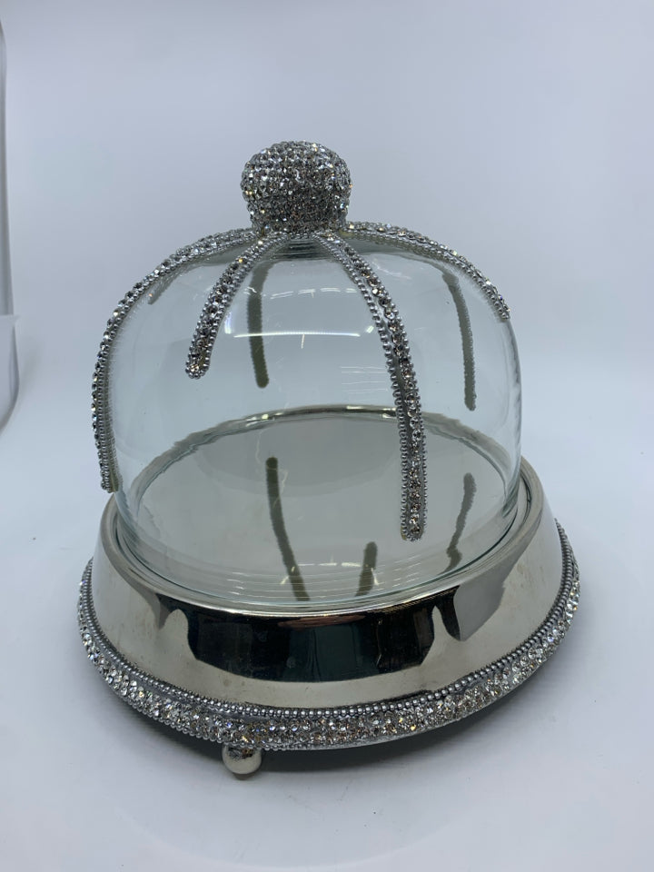 SILVER METAL BASE W/ GLASS JEWELED DOME CAKE SERVER.