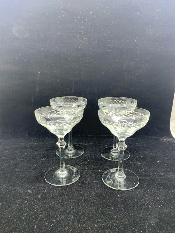 4 TALL COUPE ETCHED GLASSES.