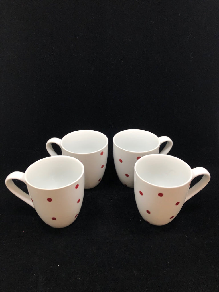 4 WHITE W/ RED POLKA DOT MUGS.