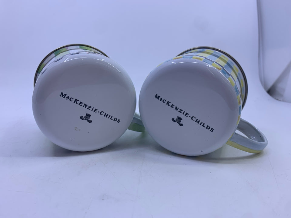 2 ENAMEL STRIPED/CHECKERED MACKENZIE-CHILDS MUGS.