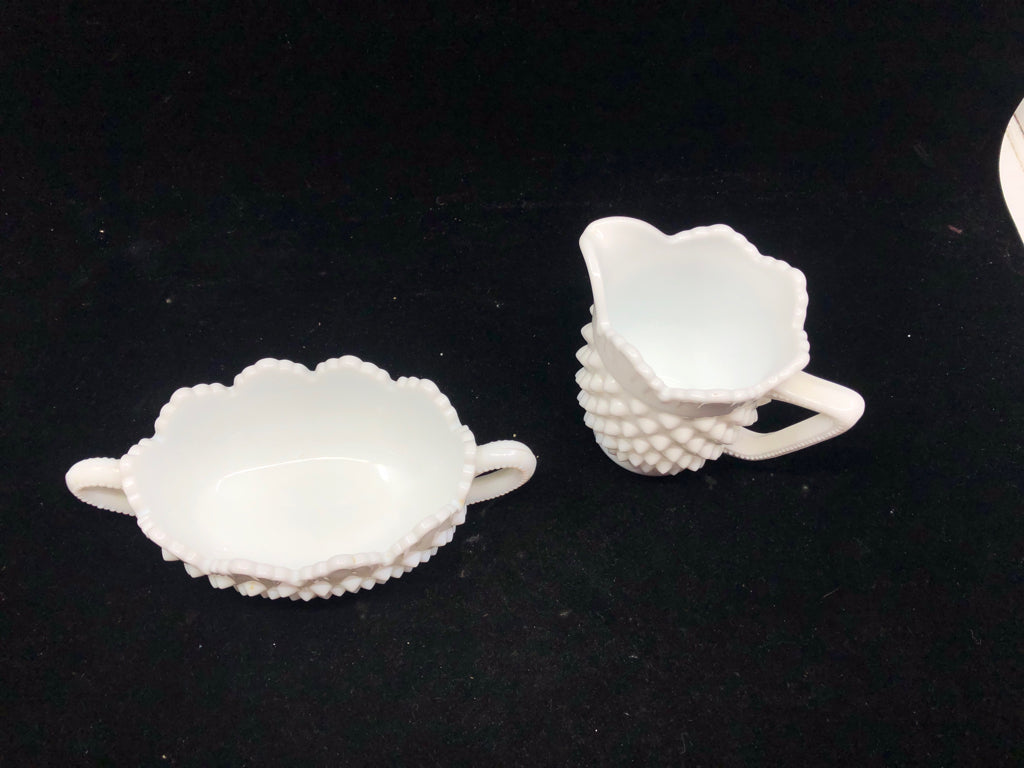 VTG MILK GLASS HOBNAIL OVAL SUGAR AND CREAMER.