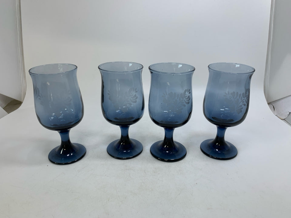 SHORT BLUE GLASS ETCHED WINE GLASSES.