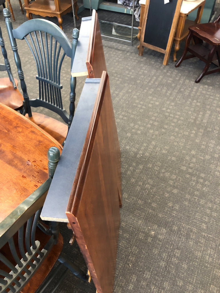 WOOD & SLATE BLUE TABLE W/8 CHAIRS & 2 LEAVES INSIDE.