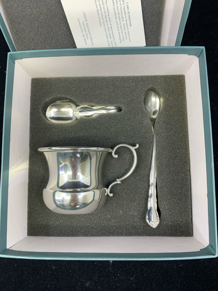 LENOX PEWTER 3 PC CUP/SPOON SET.