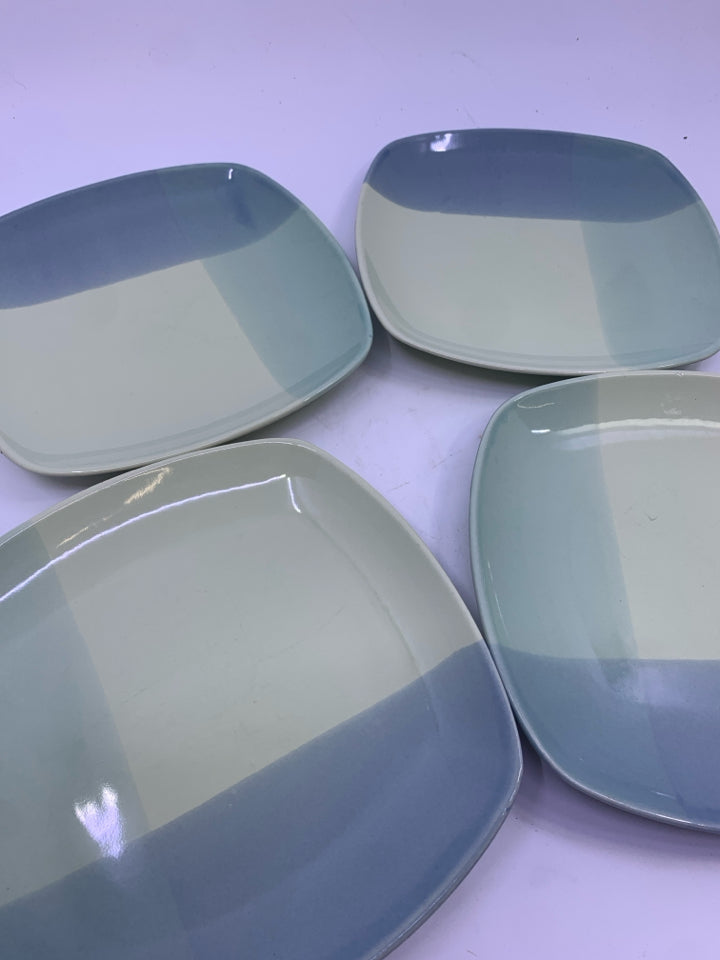 4 BLUE GREEN ROUND EDGE SQUARE DESSERT PLATES.