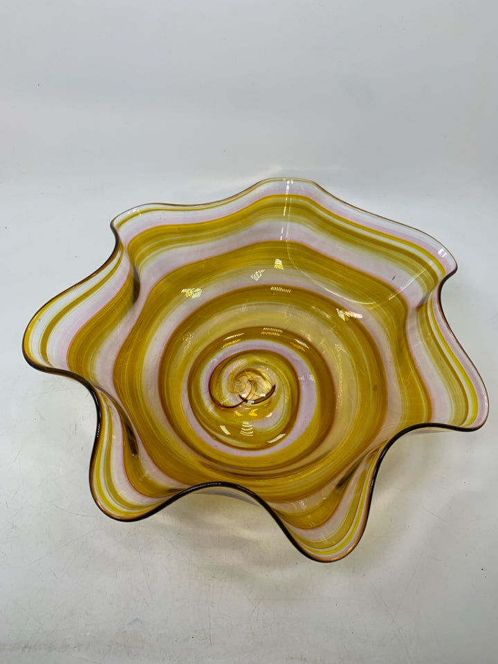 BLACK GLASS YELLOW/PINK THIN BOWL W/ RUFFLED EDGE.