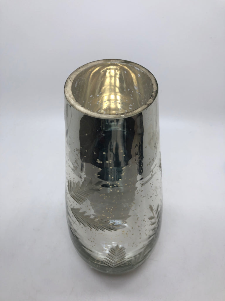 TALL MERCURY GLASS VASE W/ SPECKLES/LEAF DESIGN.