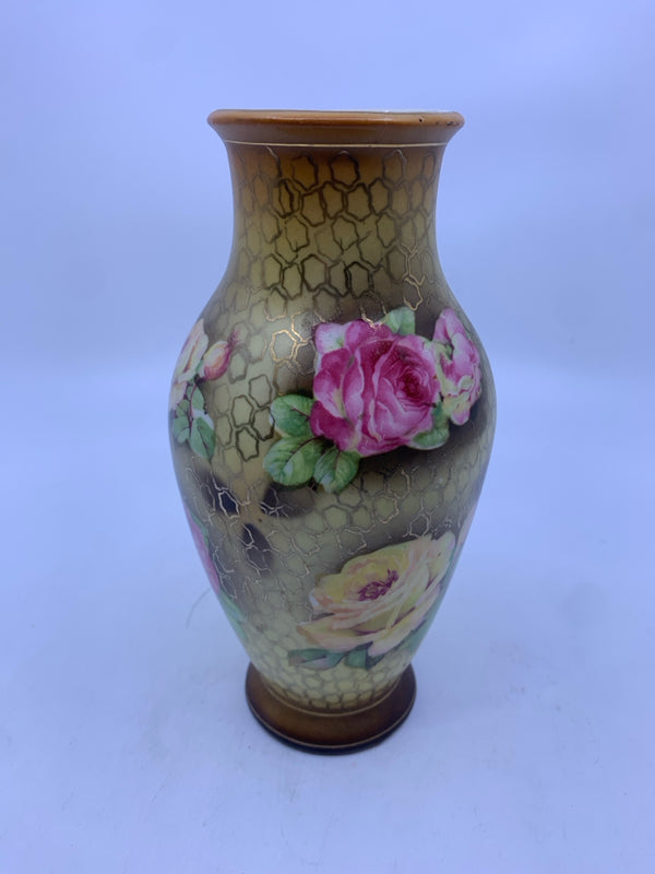 vtg BROWN VASE W/ HEXAGON PATTERN AND ROSES.
