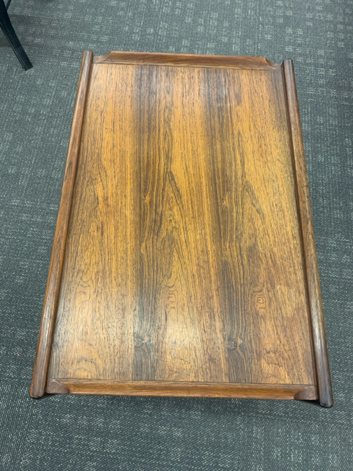 MADE IN DENMARK DARK WOOD MID CENTURY MODERN 2 TIER TABLE W/ WHEELS.