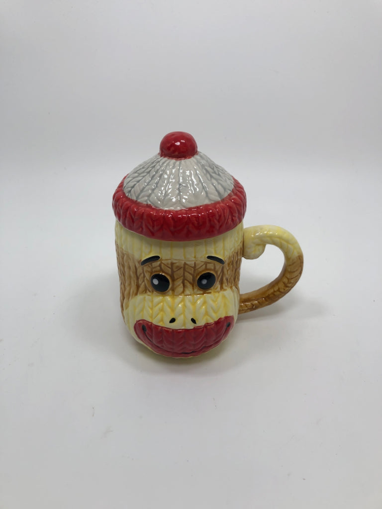 SOCK MONKEY CERAMIC MUG W/LID.