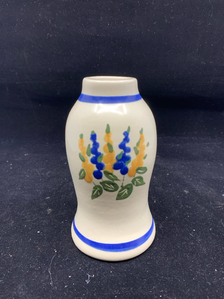 CREAM W BLUE YELLOW FLOWERS VASE.