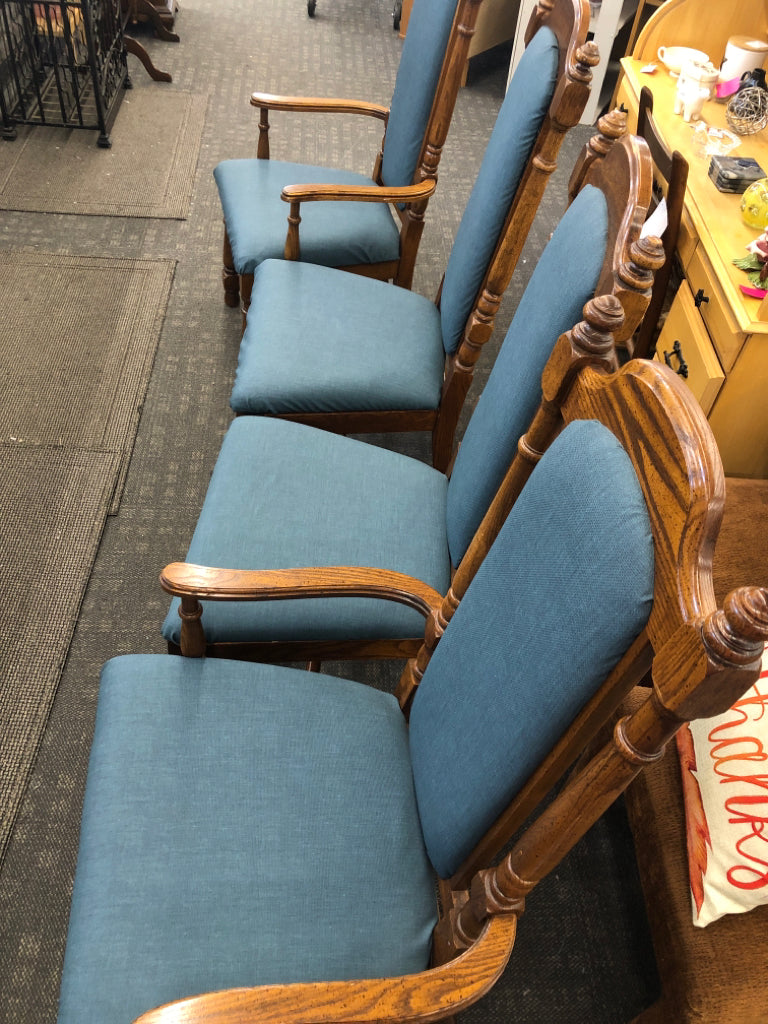 4 DARK WOOD-BLUE UPHOLSTERED DEPRESSION ERA DINING CHAIRS 2 WITH ARM, 2 WITHOUT.