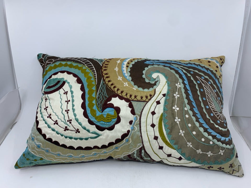 BROWN AND BLUE PAISLEY PATTERN RECTANGLE PILLOW.