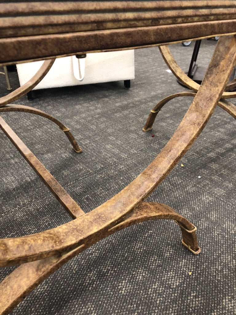 GOLD DISTRESSED SIDE TABLE W/GLASS TOP.