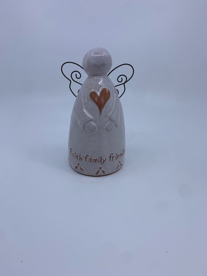 TERRA COTTA WHITE GLAZE ANGEL W/ FAITH,FAM,FRIENDS.