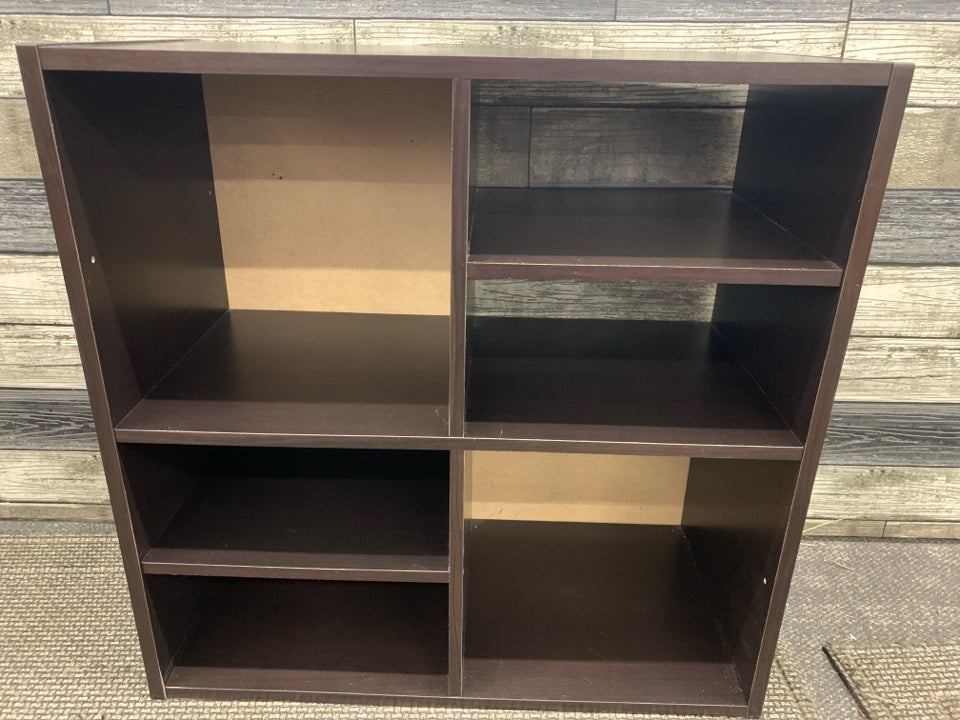 DARK WOOD CUBBY SHELF.
