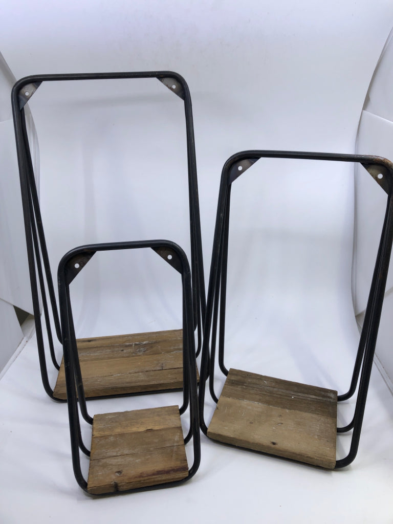 3 RUSTIC WOOD/METAL WALL SHELVES.