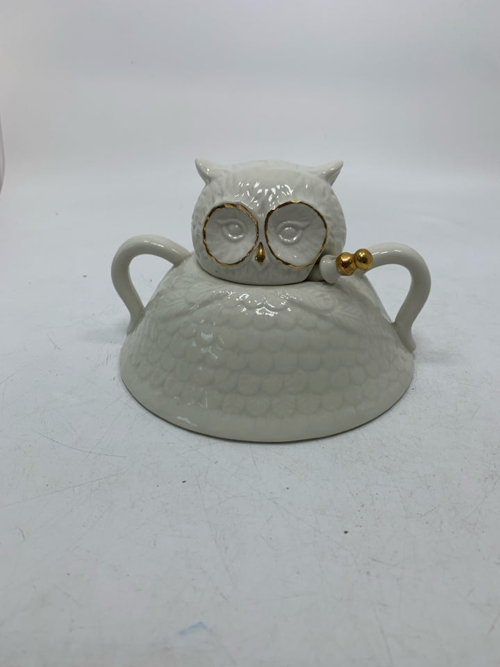WILD MASQUERADE OWL SUGAR BOWL W/ LID & SPOON FLORENCE BALDUCCI.