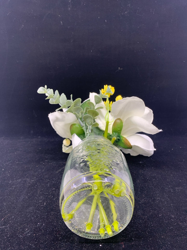 MASON JAR W/2 FAUX WHITE FLOWERS IN FAUX WATER.