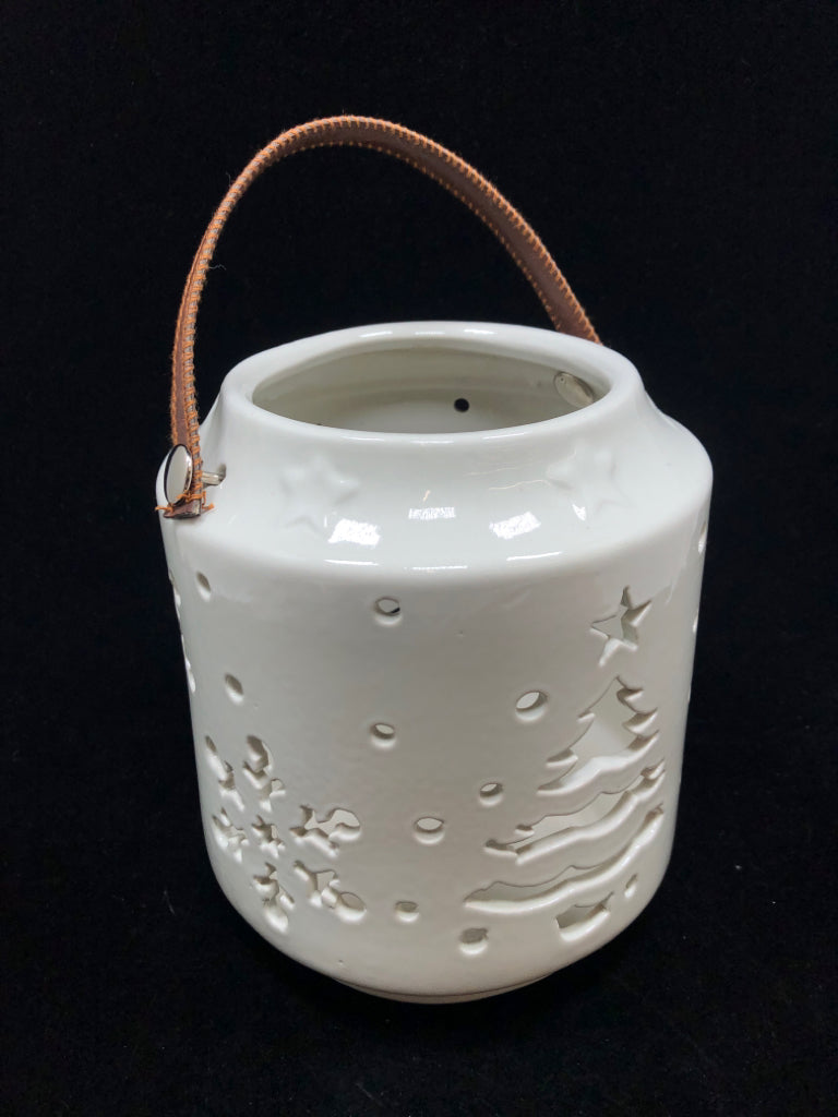WHITE CERAMIC CHRISTMAS TREE/SNOWFLAKE CUTOUT CANDLE LANTERN.