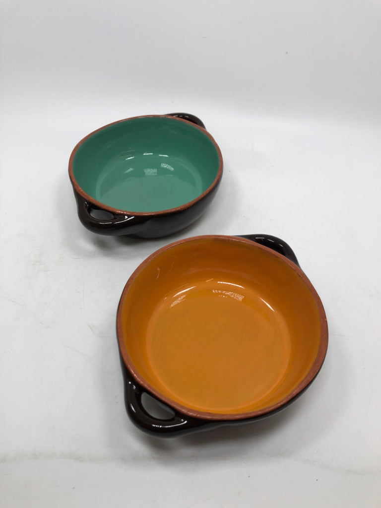 2 ORANGE/TEAL SOUP BOWLS.