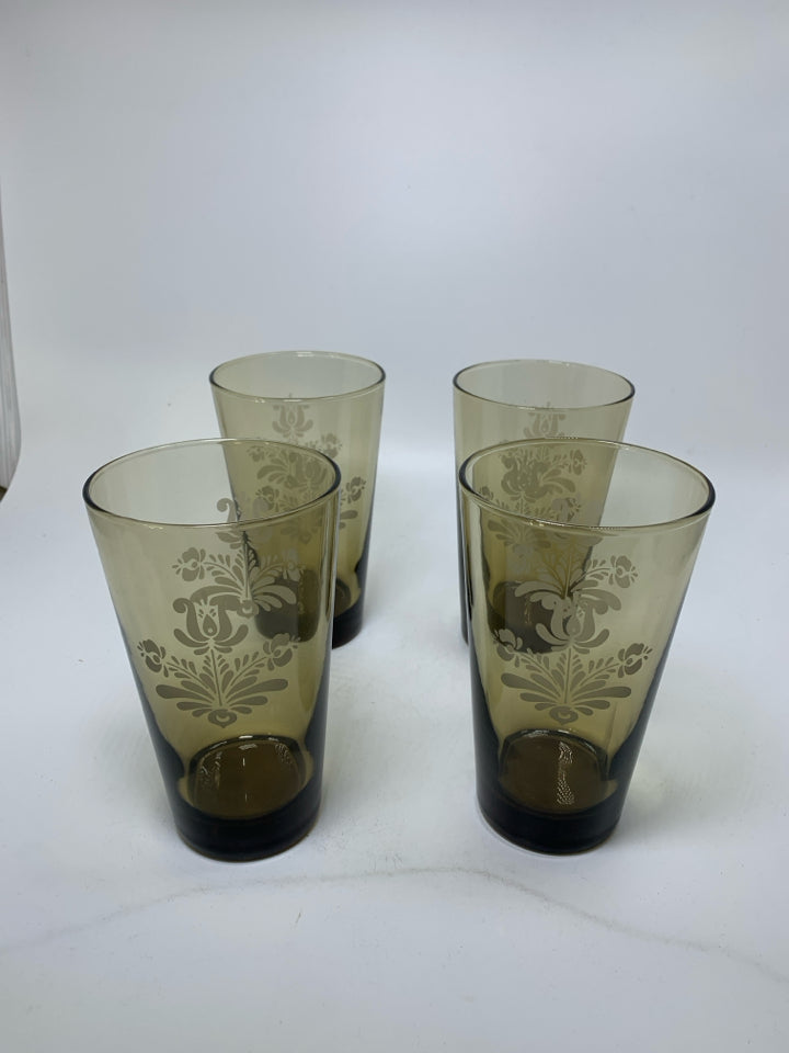 4 LIBBEY "VILLAGE" SMOKEY BROWN TUMBLERS.