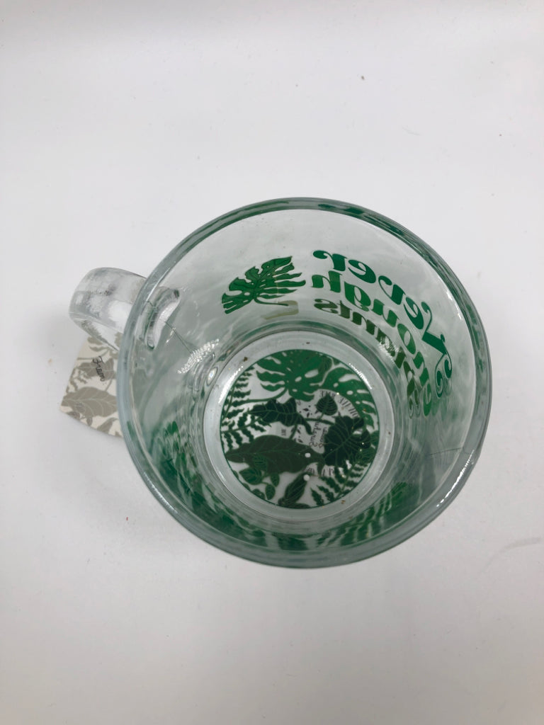 CLEAR GLASS MUG "NEVER ENOUGH PLANTS".