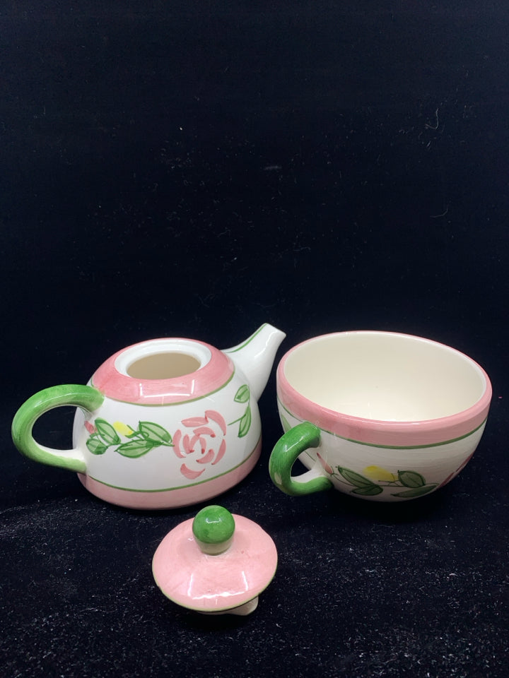 PINK AND GREEN FLORAL 3 PC TEA FOR ONE SET.