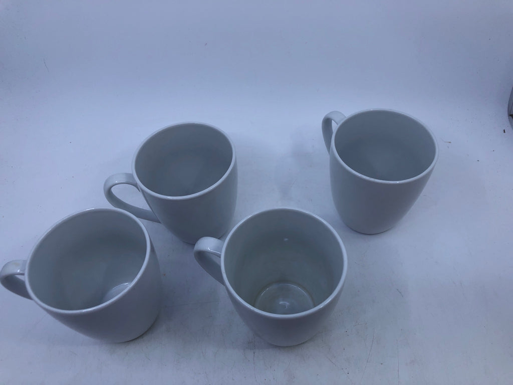 4 WHITE CERAMIC COFFEE MUGS.