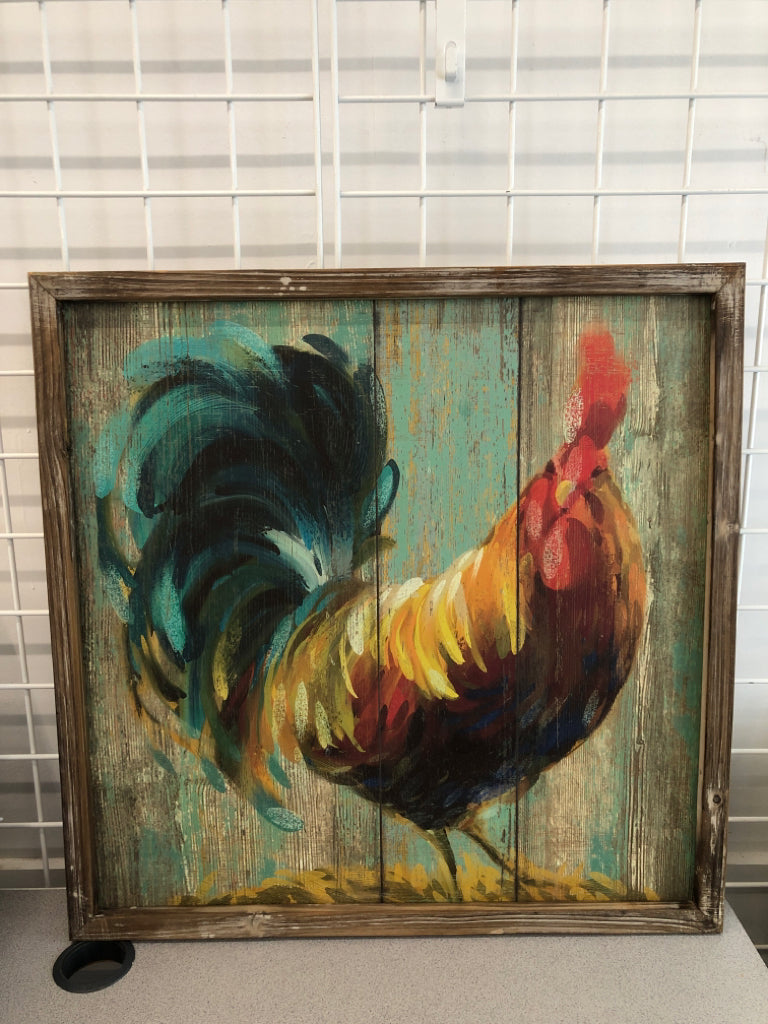 PAINTED ROOSTER SWATCH ON WOOD BOARD.