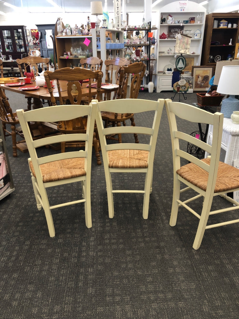 3 YELLOW DISTRESSED WICKER SEAT CHAIR.