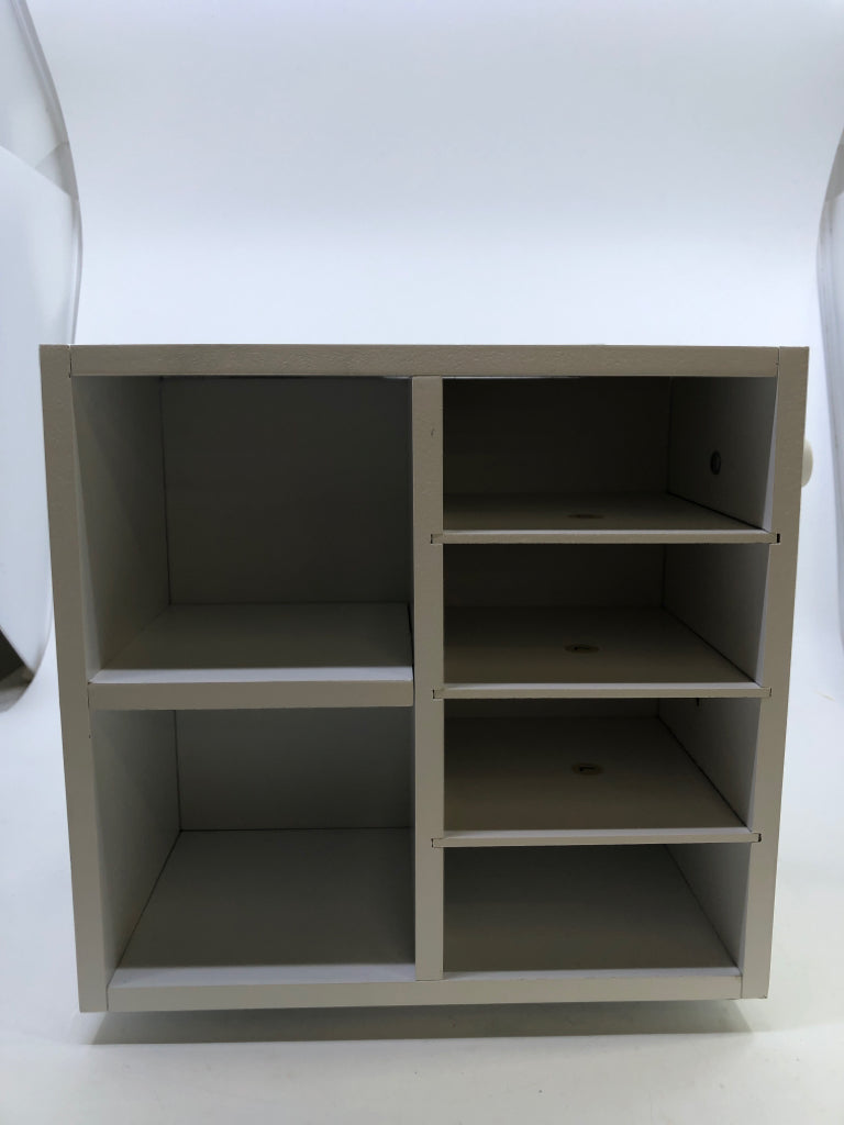 WHITE ORGANIZATION SPINNING CUBE W/ PULL-OUT DRAWER, 2 HOOKS & MAGNET WALL.