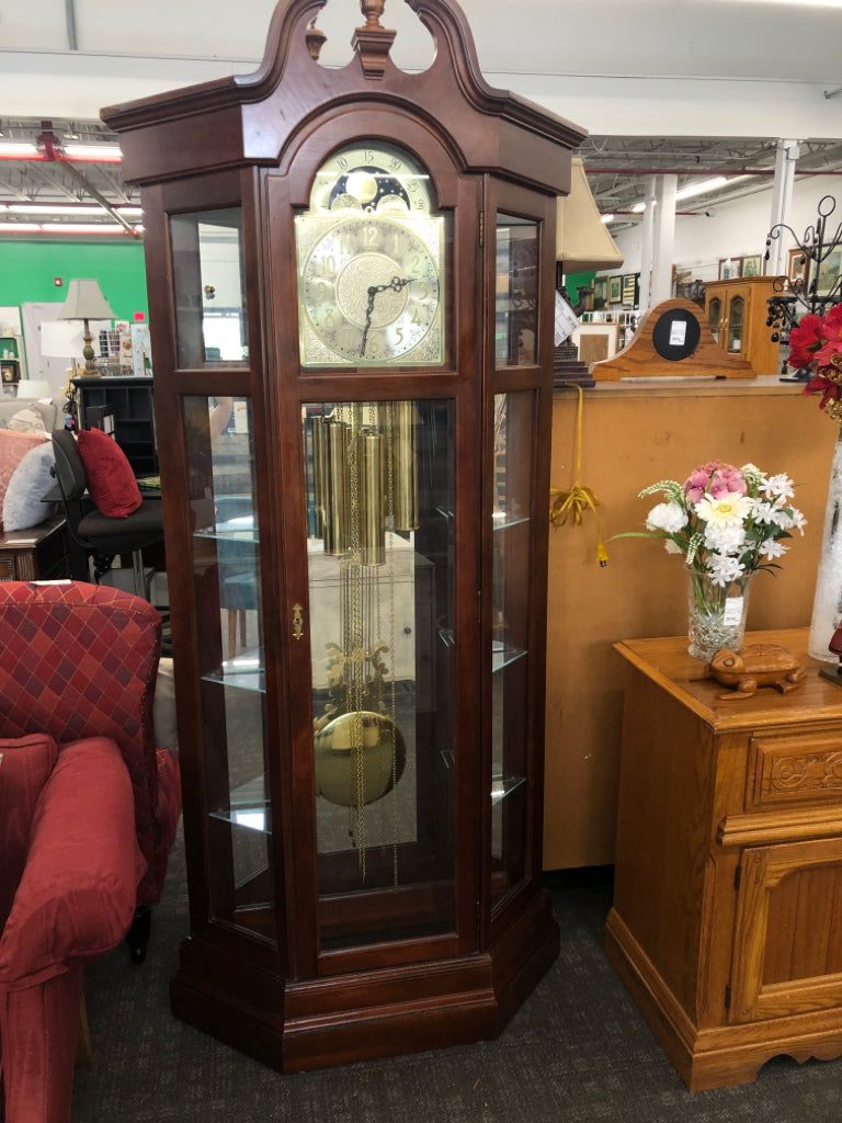 RIDGEWAY CHERRY WOOD GRANDFATHER CLOCK W/SHELVES & LIGHT.