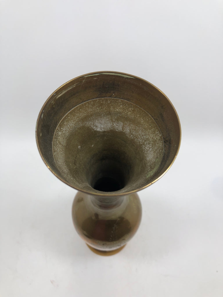 BRASS VASE W/ETCHED FLORAL DESIGNS.